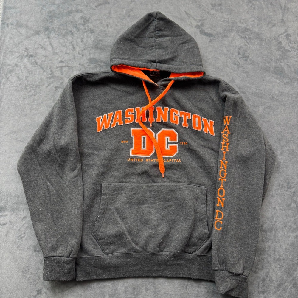 Washington DC Souvenir Hoodie Gray Orange Graphic Pullover Sweatshirt Large
